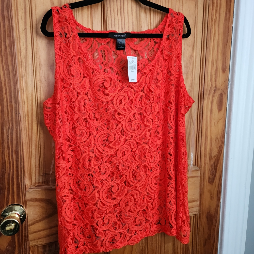 Ashley Stewart Women's Bold Orange Lace Tank Top